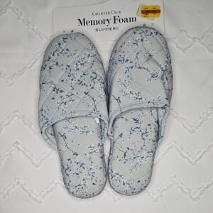 Charter Club White and Blue Patterned Memory Foam Slippers M 7-8